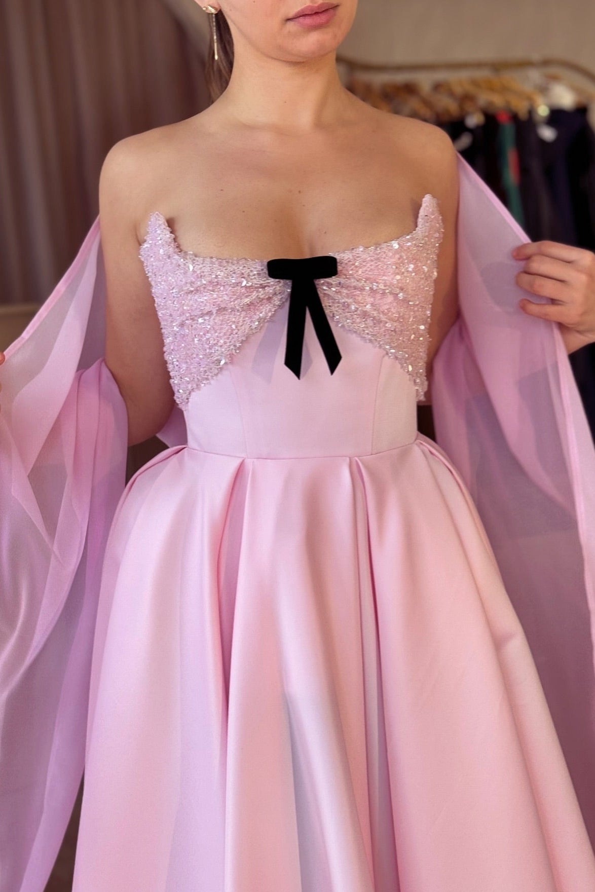 Blush Pink Satin Ball Gown | Sweetheart Neckline With Bow
