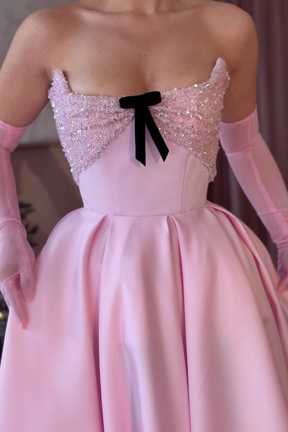 Blush Pink Satin Ball Gown | Sweetheart Neckline With Bow
