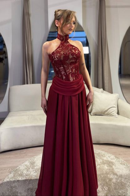 Burgundy Lace Halter Gown | A-Line Formal Evening Dress