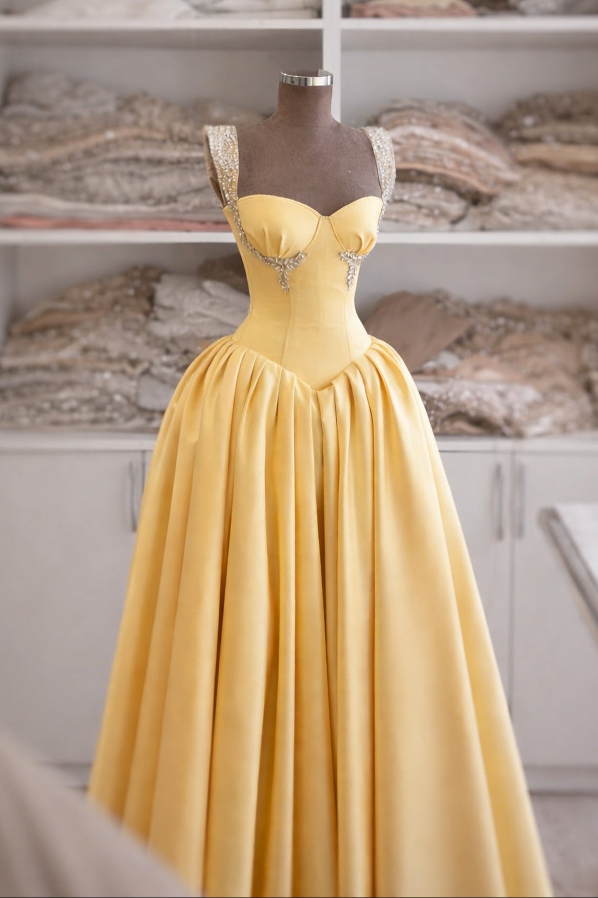 Sweety Yellow Satin Ball Gown | Sweetheart Neckline Beaded Prom Dress