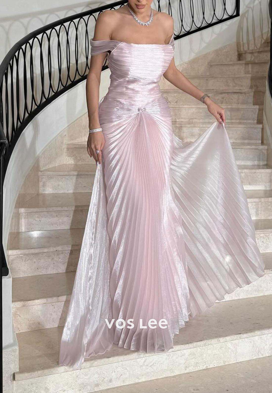 Exquisite Pink Off shoulder Pleat Straight Long Dresses