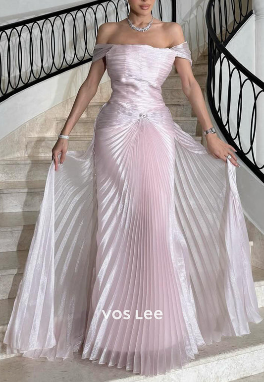 Exquisite Pink Off shoulder Pleat Straight Long Dresses