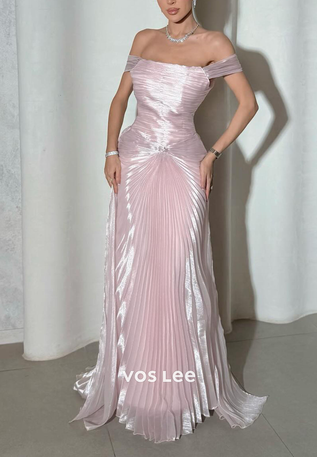 Exquisite Pink Off shoulder Pleat Straight Long Dresses