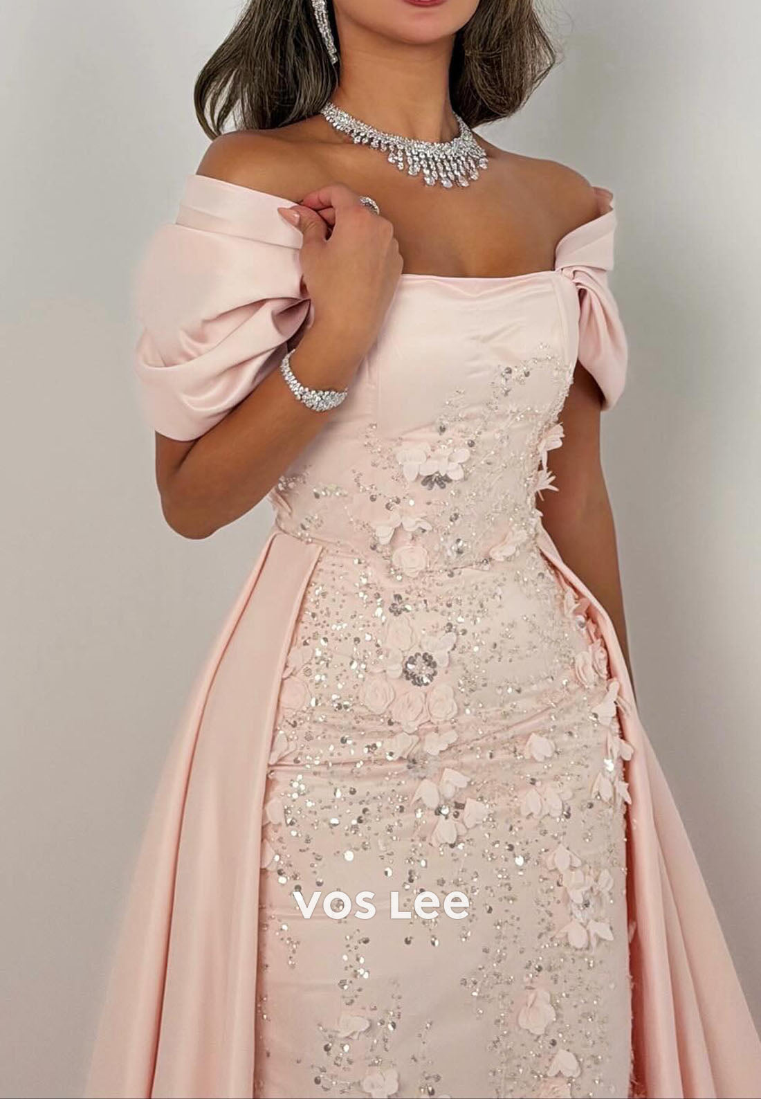 Elegant Pink Flower Appliques Evening Dress Fashion Off Shoulder Prom Dress