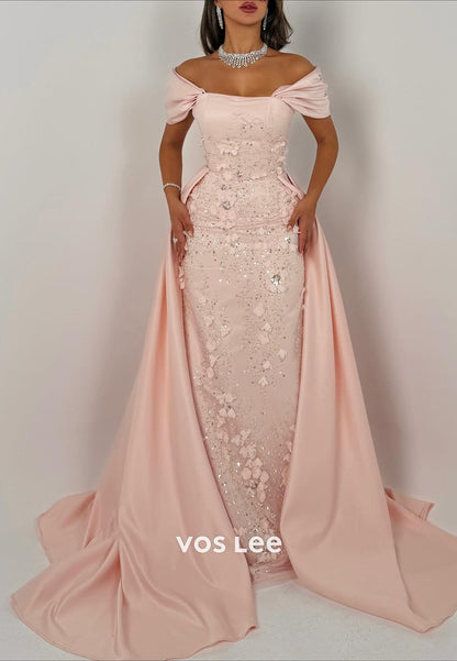Elegant Pink Flower Appliques Evening Dress Fashion Off Shoulder Prom Dress