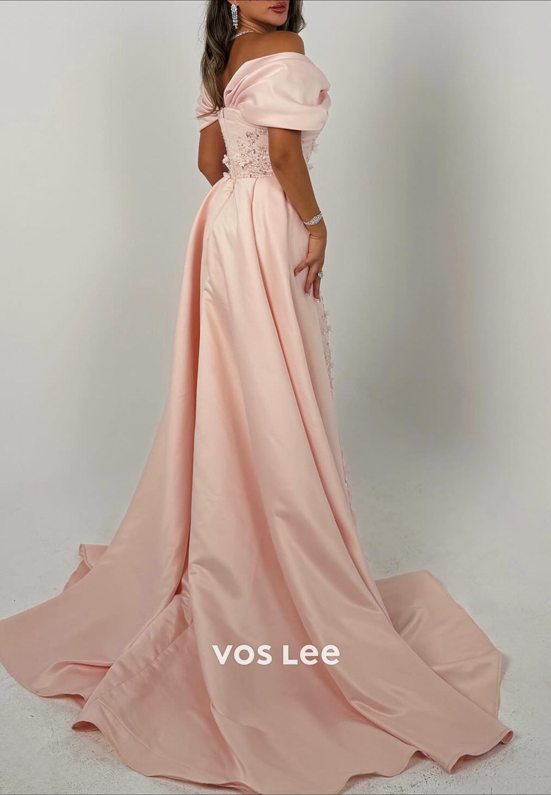 Elegant Pink Flower Appliques Evening Dress Fashion Off Shoulder Prom Dress