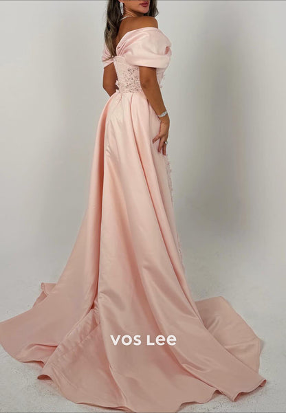 Elegant Pink Flower Appliques Evening Dress Fashion Off Shoulder Prom Dress