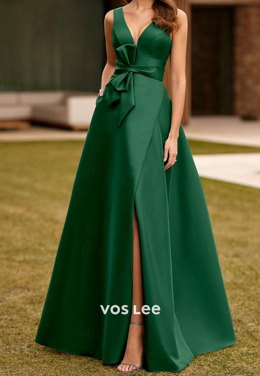 A-Line V Neck Bowknot Embellished Floor-Length Evening Dresses with Pockets