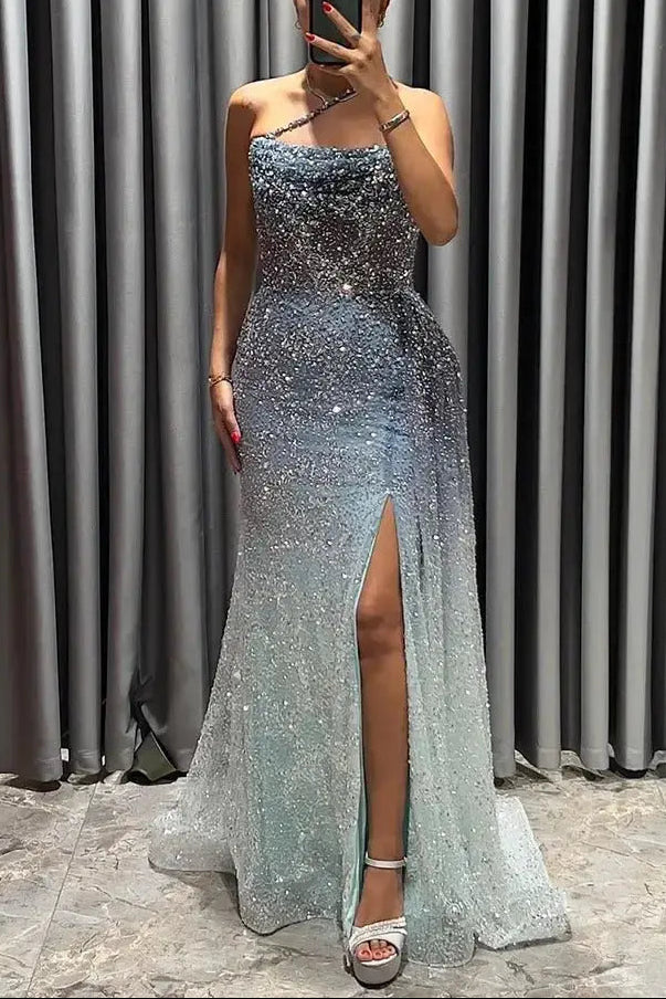 Luxury Blue One Shoulder Evening Dress with Overskirt