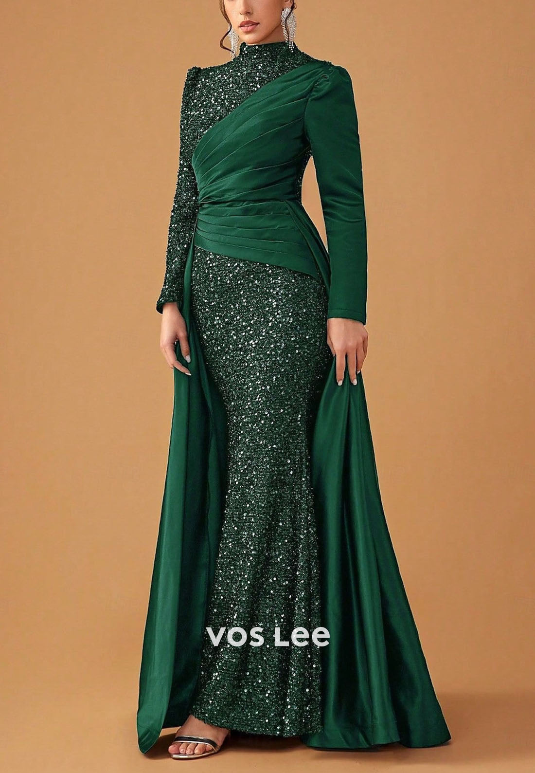 Stunning High-Neck Long-Sleeves Sequin Sheath Evening Dress Formal Gowns