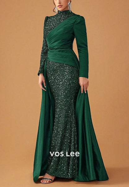 Stunning High-Neck Long-Sleeves Sequin Sheath Evening Dress Formal Gowns