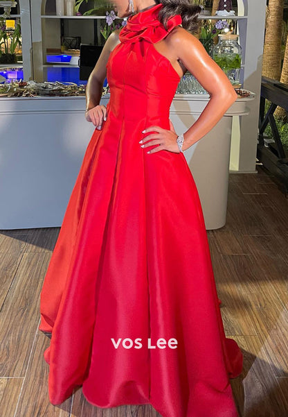 Sexy & Hot Red A-Line Halter Rhinestone Pleated Long Evening Dresses with Sweep Train