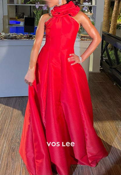Sexy & Hot Red A-Line Halter Rhinestone Pleated Long Evening Dresses with Sweep Train