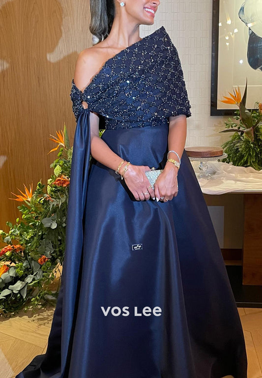 Sparkling & Simple A-Line Asymmetrical Neck Long Evening Dresses with Sweep Train