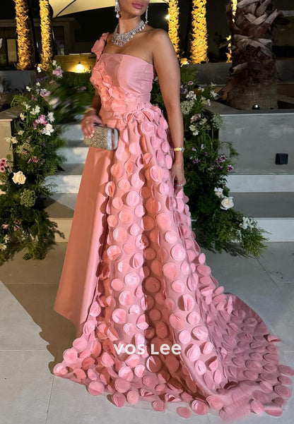Classic & Timeless A-Line One Shoulder Floral Embellished Evening Dresses with Sweep Train