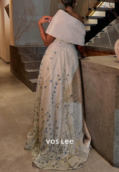 Luxurious A-Line One Shoulder Fully Beaded Rhinestone Evening Dresses with Court Train