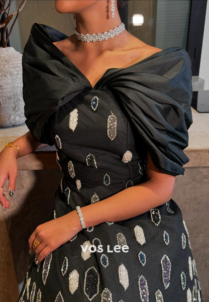 A-Line Off the Shoulder Beaded Rhinestone Pleated Evening Dresses with Court Train