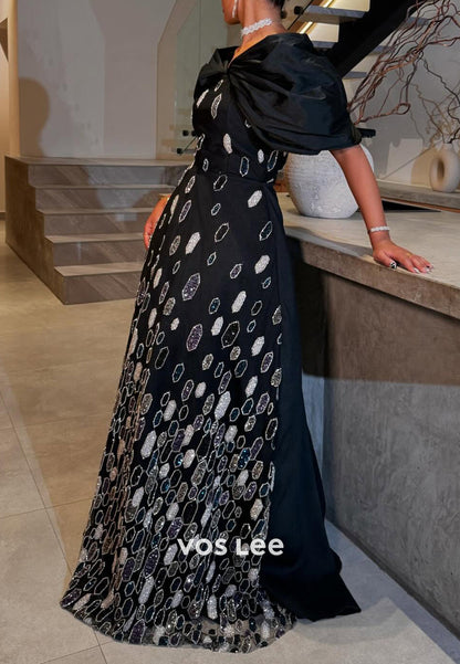 A-Line Off the Shoulder Beaded Rhinestone Pleated Evening Dresses with Court Train