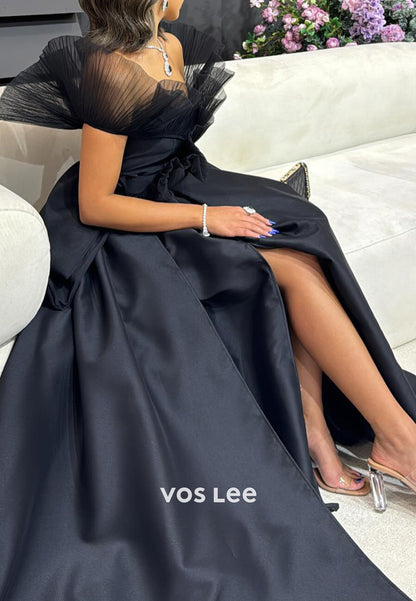 Classic A-Line Off the Shoulder High Split Pleated Prom Dresses with Court Train