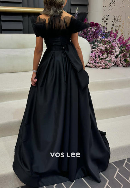 Classic A-Line Off the Shoulder High Split Pleated Prom Dresses with Court Train