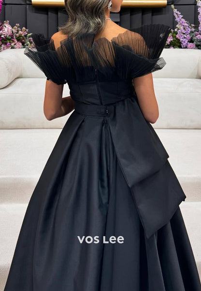 Classic A-Line Off the Shoulder High Split Pleated Prom Dresses with Court Train