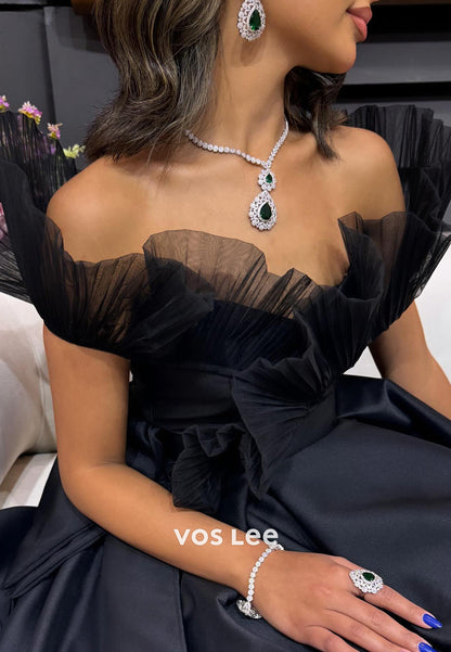 Classic A-Line Off the Shoulder High Split Pleated Prom Dresses with Court Train
