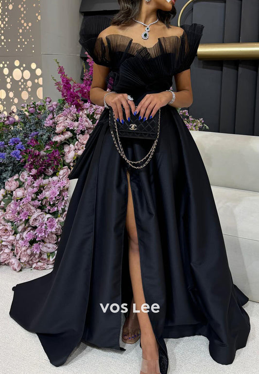 Classic A-Line Off the Shoulder High Split Pleated Prom Dresses with Court Train