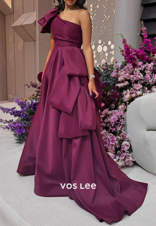 Simple & Couture A-Line One Shoulder Bowknot Pleated Evening Dresses with Sweep Train
