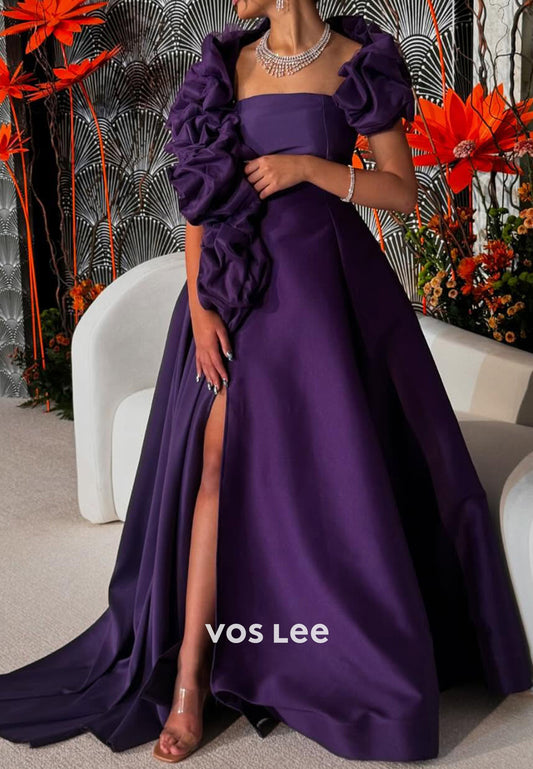 Classic & Timeless A-Line Pleated High Split Long Evening Dresses with Court Train