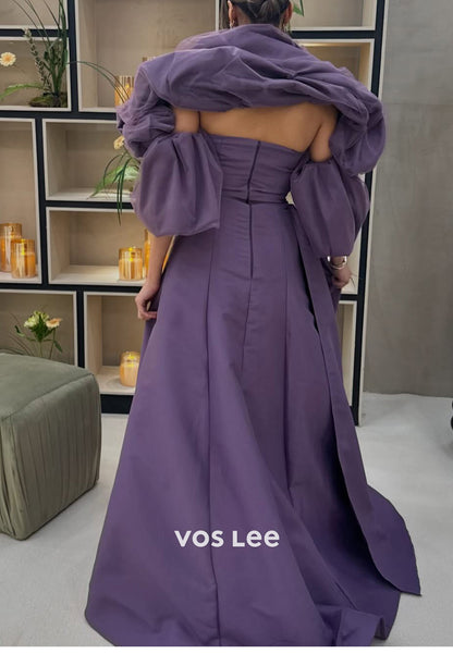 Classic A-Line Strapless Short Sleeve High Spilt Pleated Evening Dresses with Court Train