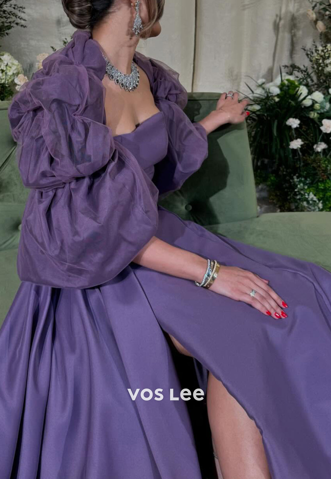 Classic A-Line Strapless Short Sleeve High Spilt Pleated Evening Dresses with Court Train