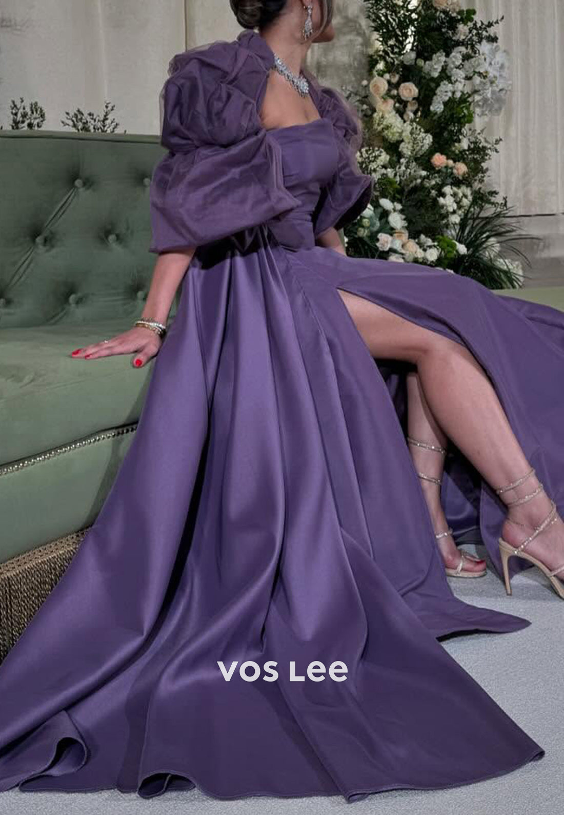 Classic A-Line Strapless Short Sleeve High Spilt Pleated Evening Dresses with Court Train