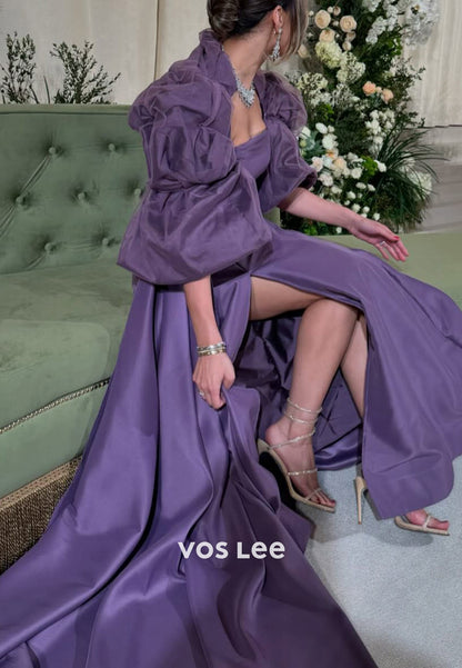 Classic A-Line Strapless Short Sleeve High Spilt Pleated Evening Dresses with Court Train