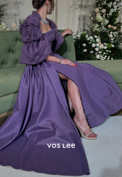 Classic A-Line Strapless Short Sleeve High Spilt Pleated Evening Dresses with Court Train