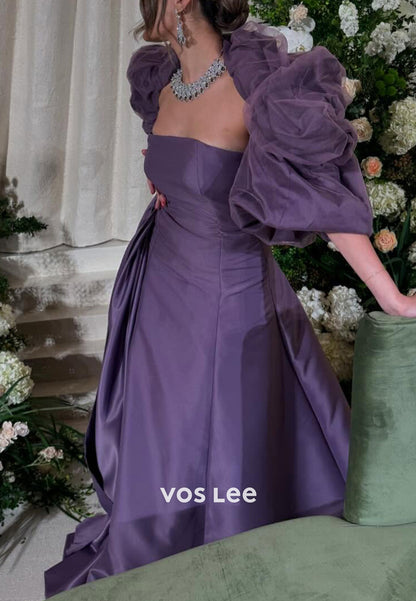 Classic A-Line Strapless Short Sleeve High Spilt Pleated Evening Dresses with Court Train