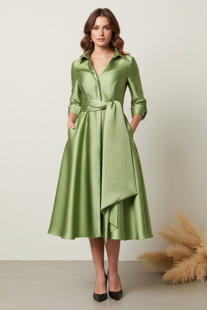 Elegant A-Line Collared Shirt Dress with Sash