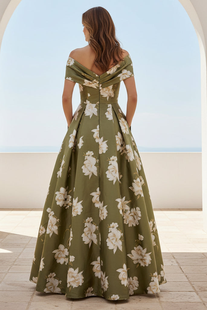 Off-the-Shoulder Floral A-Line Gown with Pockets