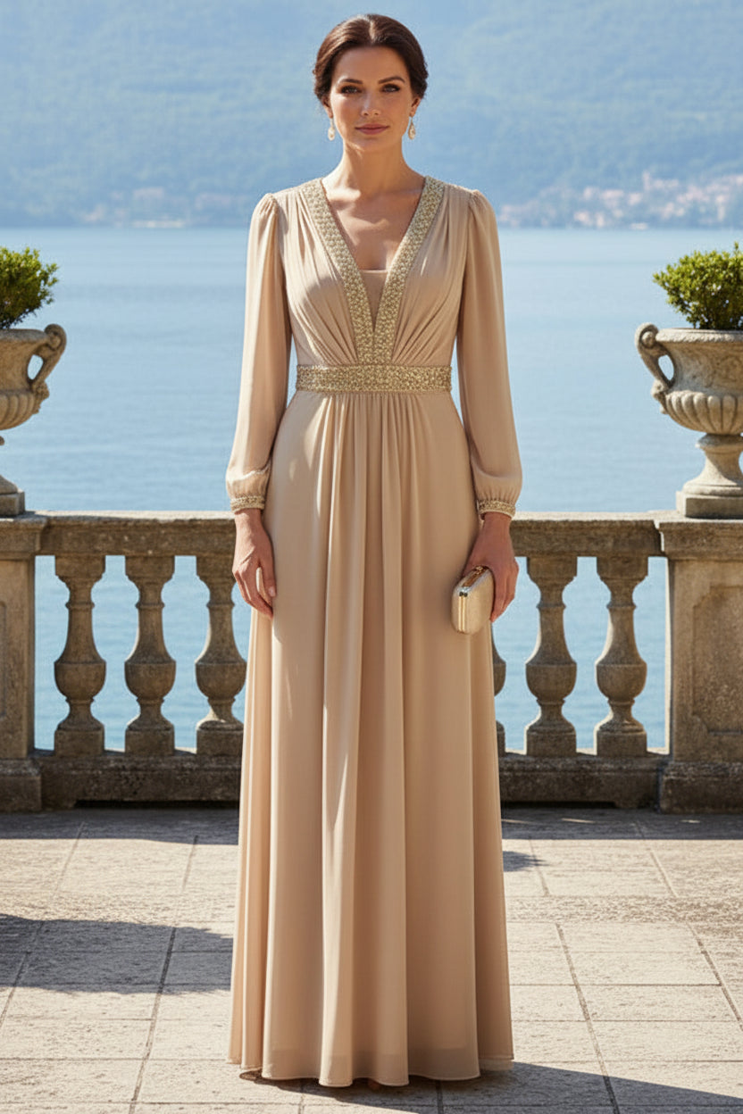 Sequined V-Neck Long Sleeve Maxi Gown