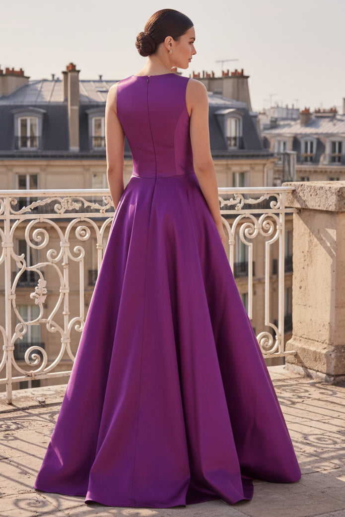 Satin Bateau Neck A-Line Gown with Contrast Sash