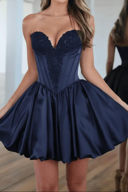 Strapless Corset Lace Applique Satin Mini Dress