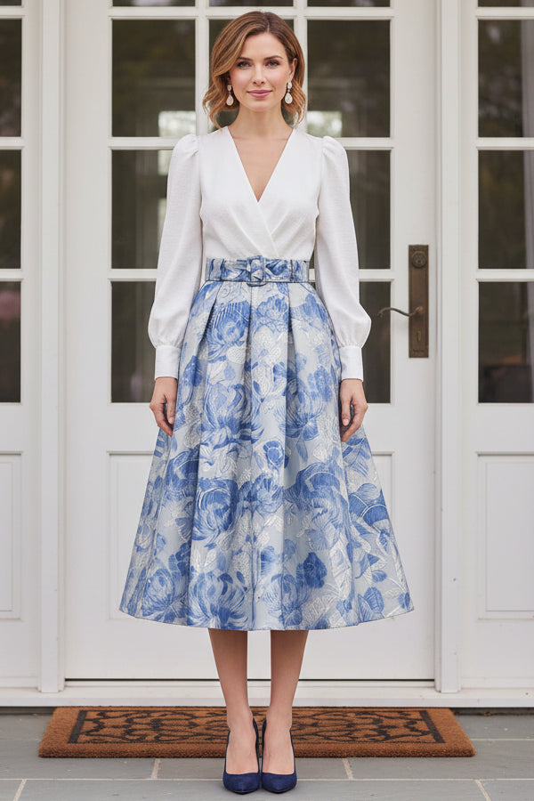 Long Sleeve Jacquard Midi Dress with Belt