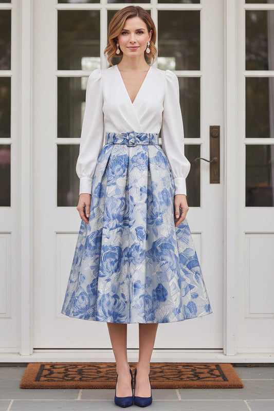Long Sleeve Jacquard Midi Dress with Belt