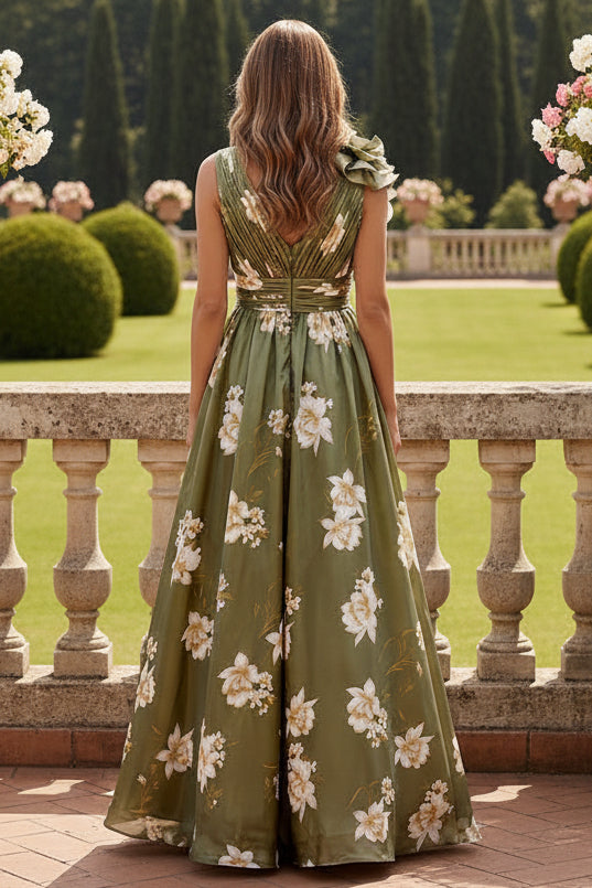 Floral Print Ruffle Satin A-Line Evening Gown