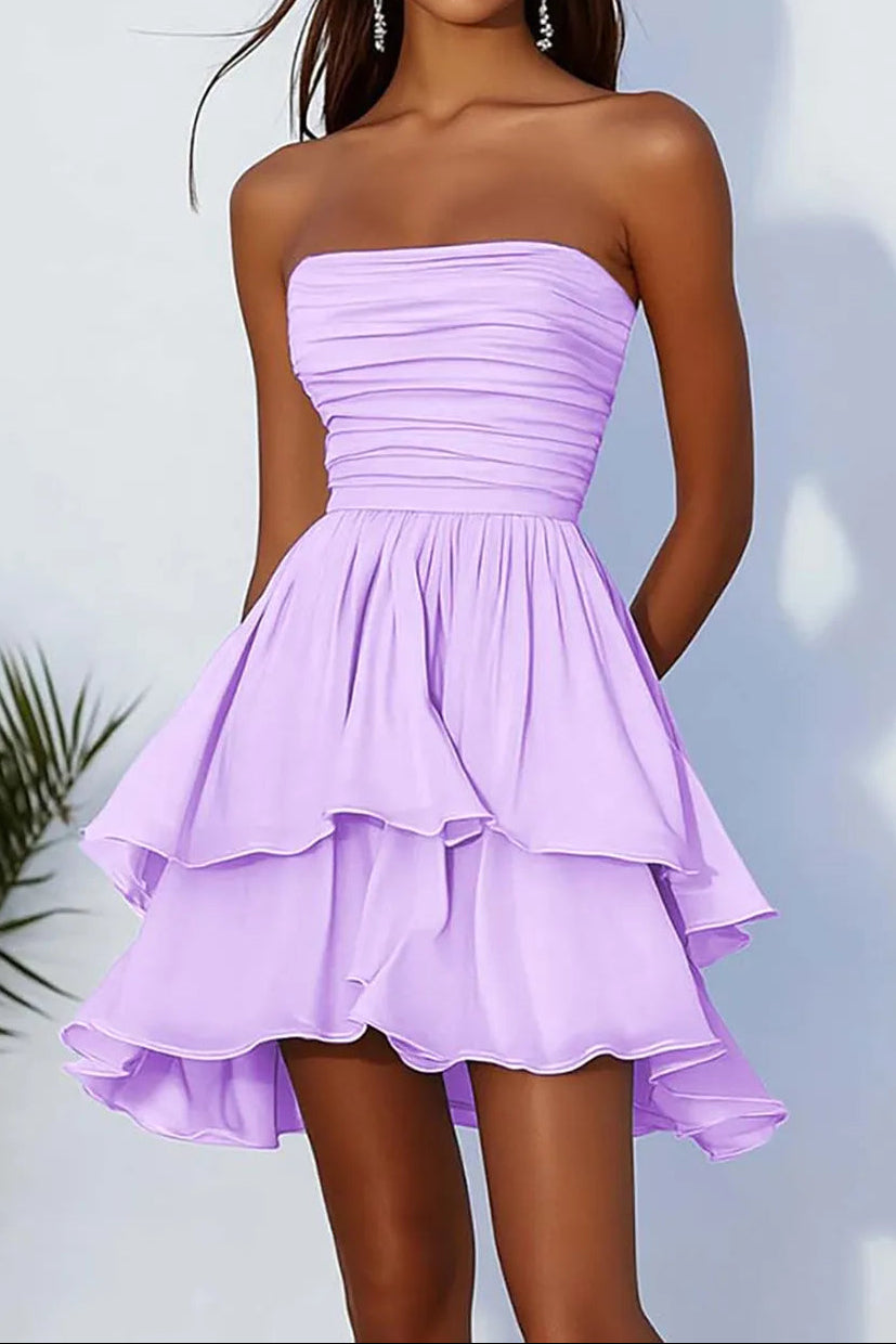 Strapless Ruched Tiered Ruffle Mini Dress