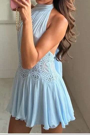 Halter Neck Backless Mini Dress with Lace Waist Detail
