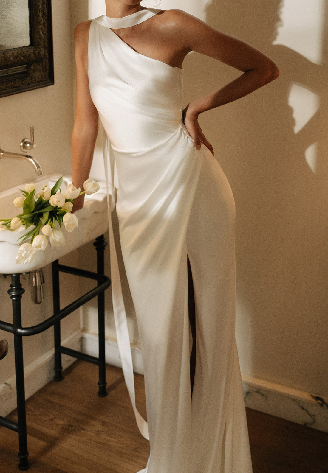 One-Shoulder Column Wedding Dress with High Slit