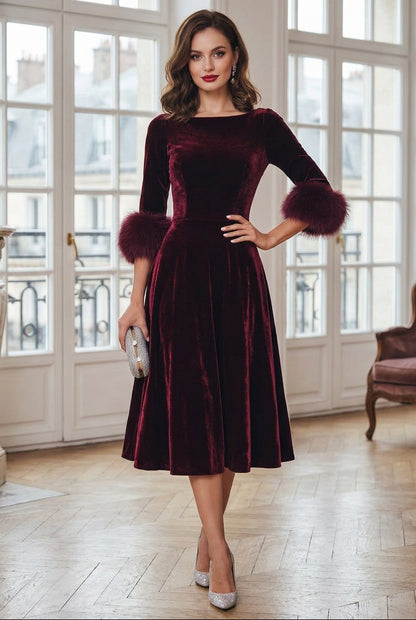 Velvet Midi A-Line Dress with Faux Fur Cuffs