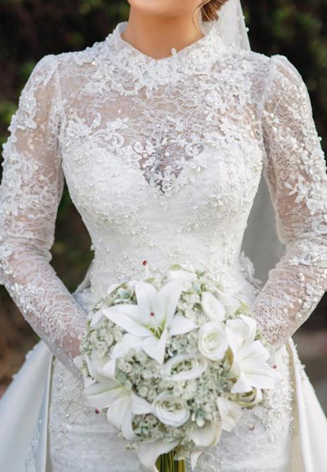 Lace High Neck Wedding Dress with Overskirt