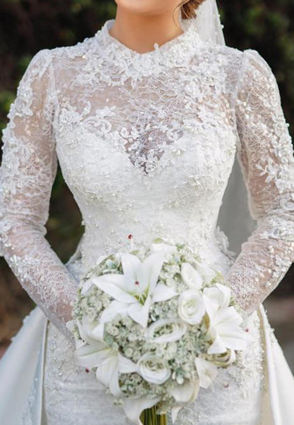 Lace High Neck Wedding Dress with Overskirt