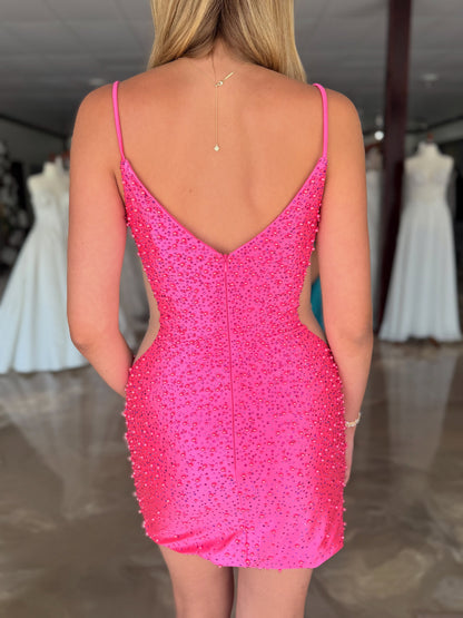 Beaded Mini Dress with Waist Cutouts and Slit